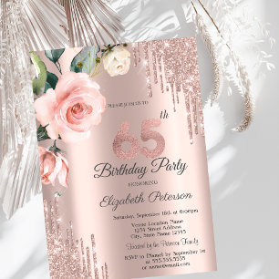Glitter Drips Watercolor Roses 65th Birthday   Invitation