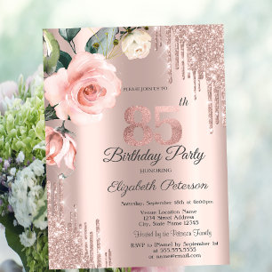 Glitter Drips Watercolor Roses 85th Birthday Invitation