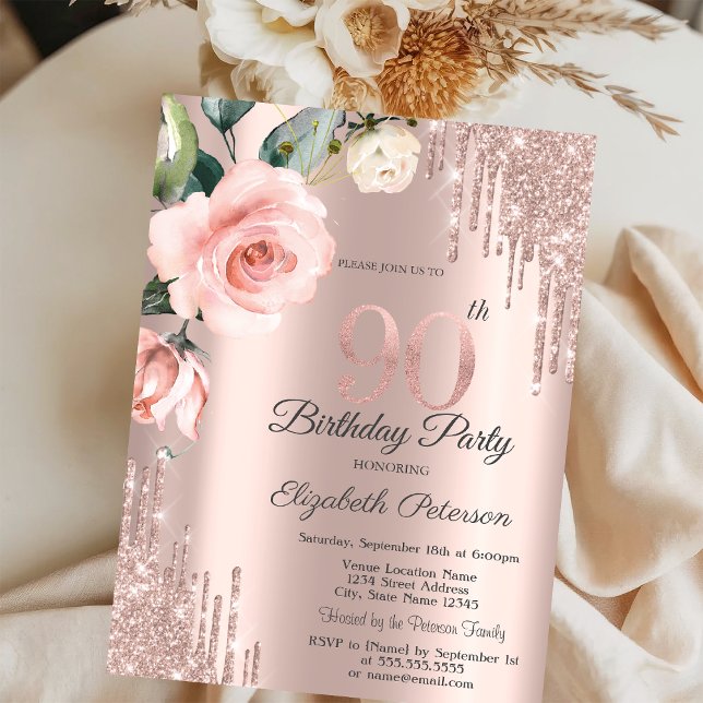 Glitter Drips Watercolor Roses 90th Birthday   Invitation (Creator Uploaded)