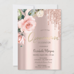 Glitter Drips Watercolor Roses Quinceañera Invitation
