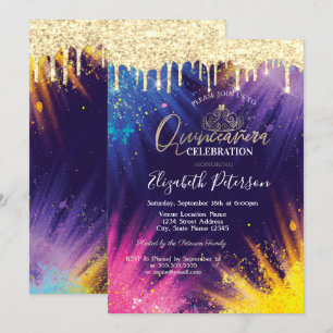 Glitter Drips Watercolor Splash Quinceañera Invitation