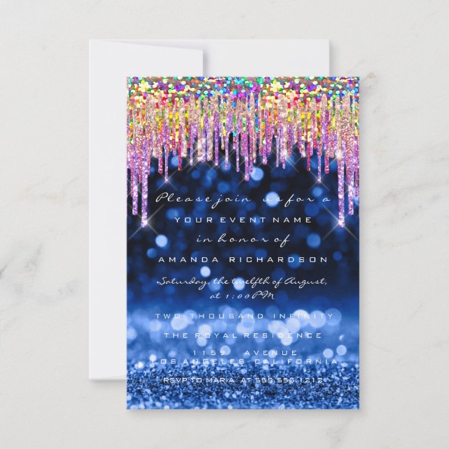Glitter Drips  Wedding Birthday Party Blue Navy Invitation (Front)