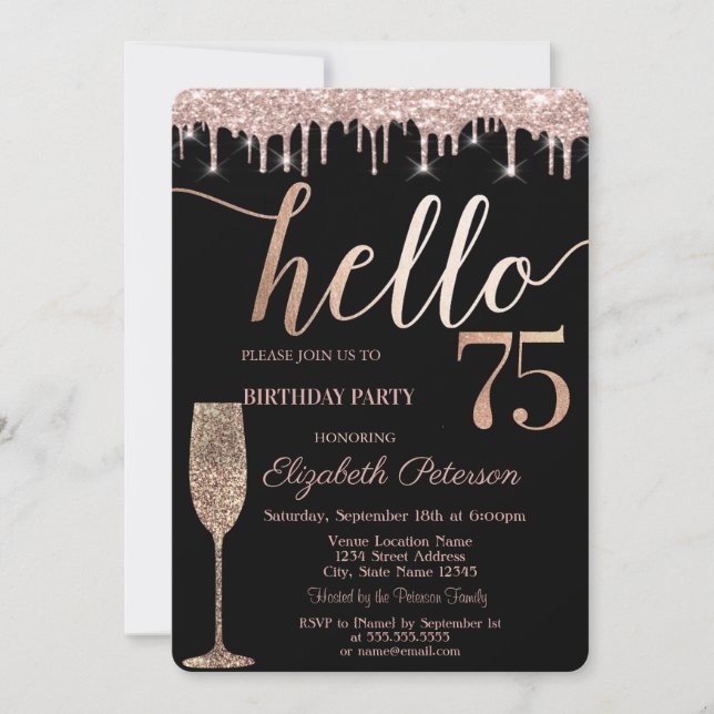 Glitter Drips,Wine Glass 75th Birthday Party  Invitation (Front)