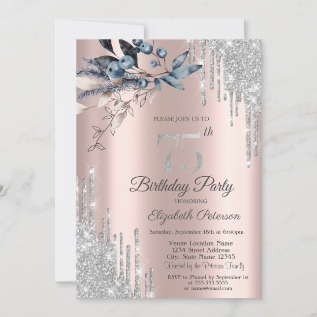 Glitter Drips,Winter Flowers  75th Birthday Invitation (Front)