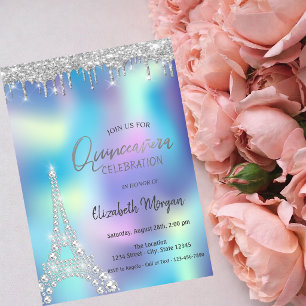 Glitter Drop Diamonds Eiffel Tower Quinceanera Invitation