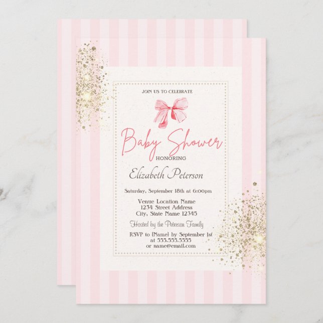 Glitter Dust Pink Bow Striped Baby Shower Invitation (Front/Back)