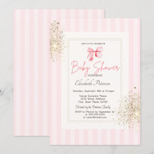 Glitter Dust Pink Bow Striped Baby Shower Invitation