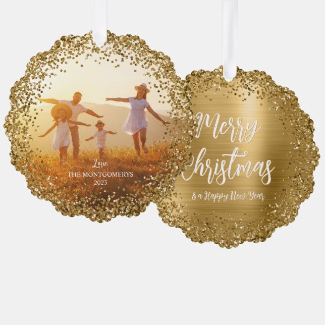 Glitter Edge Family Photo Merry Christmas Ornament Card (Front/Back)