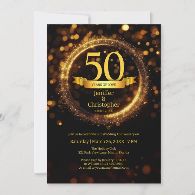Glitter Edit Year Name Wedding Anniversary Black Invitation (Front)