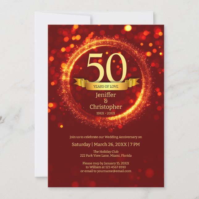 Glitter Edit Year Name Wedding Anniversary Red Invitation (Front)