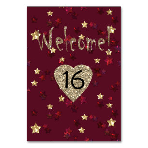 Glitter editable stars shine red golden gold heart table number