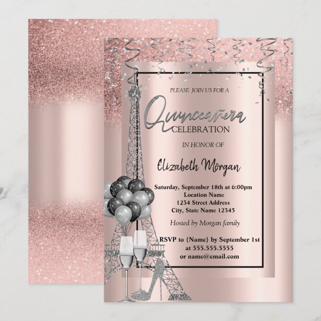 Glitter Eiffel Balloons Rose Gold Quinceañera Invitation (Front/Back)