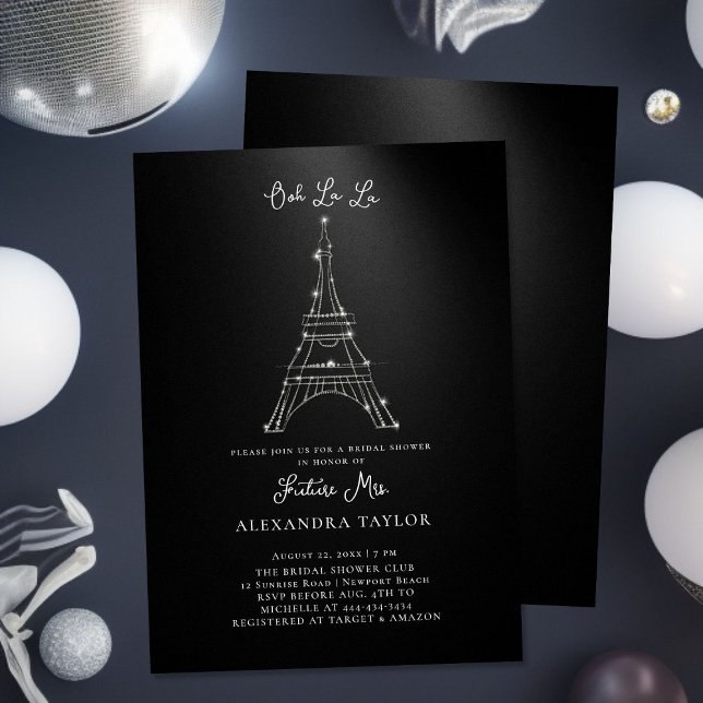 Glitter Eiffel Paris Minimal Black Bridal Shower Invitation (Creator Uploaded)