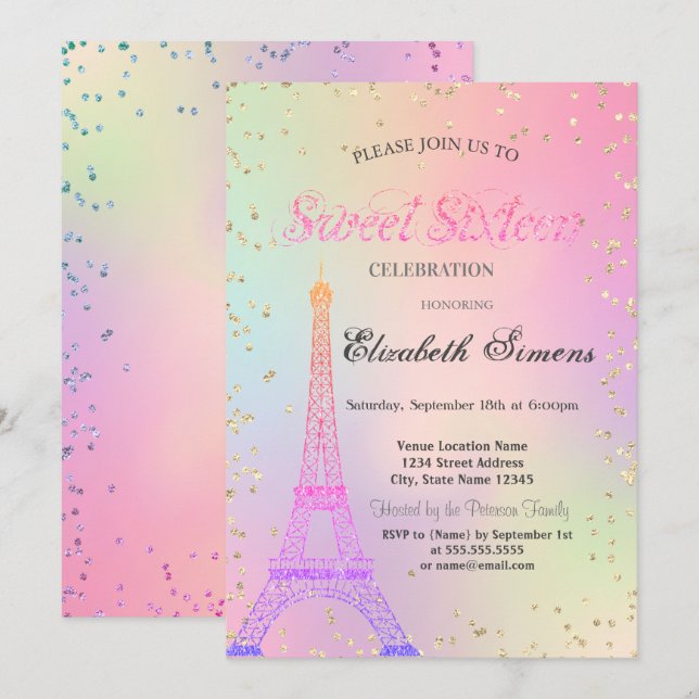 Glitter Eiffel Tower Diamonds Holographic Sweet 16 Invitation (Front/Back)