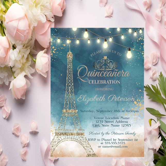 Glitter Eiffel Tower,Tiara Watercolor  Quinceañera Invitation (Creator Uploaded)