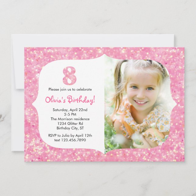 Glitter Eight Birthday Invitation (Front)