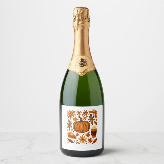 Glitter Fall Floral Pumpkin Thankgiving Sparkling Wine Label (Front)