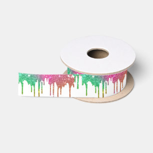 Glitter Faux Foil Dripping White Satin Ribbon