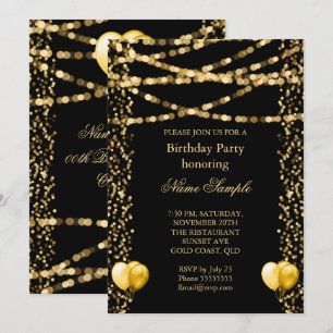 Glitter Faux Foil Gold Balloons Black Birthday Invitation