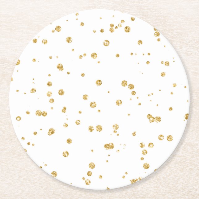 Glitter Faux Gold Confetti Wedding Reception Party Round Paper Coaster (Front)