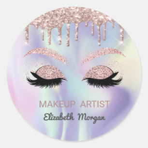 Glitter Faux Lashes,Rose Gold Drips Holographic Classic Round Sticker