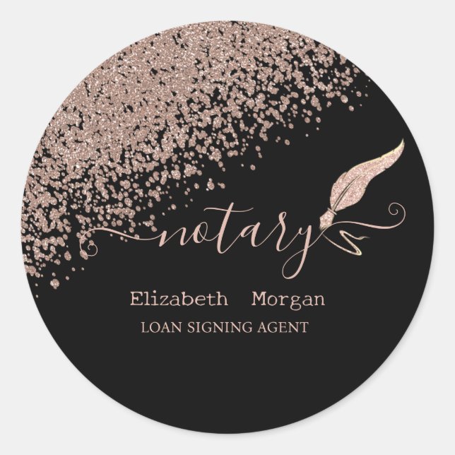  Glitter Feather Notary Rose Gold Diamonds Black Classic Round Sticker (Front)