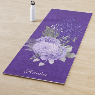 Glitter Feathers and Purple Roses Yoga Mat
