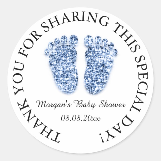 Glitter Feet Baby Shower Favour Thank Blue Boy Classic Round Sticker (Front)