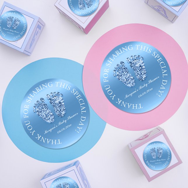 Glitter Feet Baby Shower Favour Thank You Blue Boy Classic Round Sticker (Baby Blue Shower Glitter Effect Feet Sticker Thank You Favor)