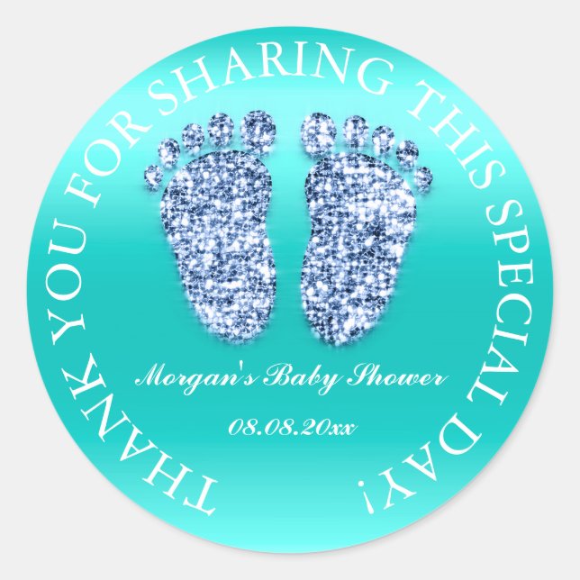 Glitter Feet Baby Shower Favour Thank You Blue Min Classic Round Sticker (Front)