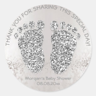 Glitter Feets Baby Shower Favour Thank You Grey Classic Round Sticker