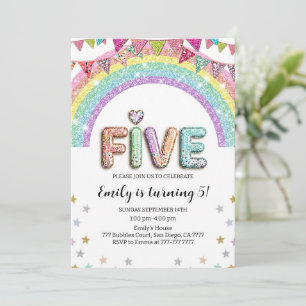 Glitter FIVE Girly Rainbow Sequin 5th Birthday Invitation