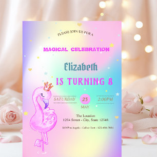Glitter Flamingo,Crown Ombre Holographic Birthday Invitation