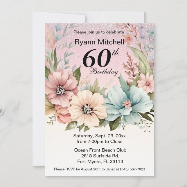 Glitter Floral Birthday Party Invitation (Front)