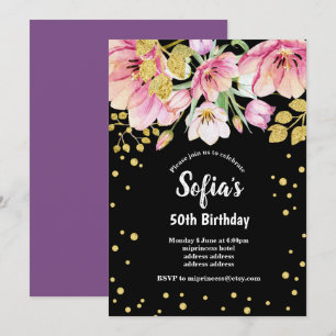glitter floral birthday party invitation, gold invitation