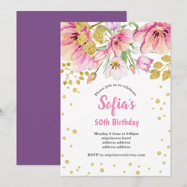 glitter floral birthday party invitation, gold invitation (Front/Back)