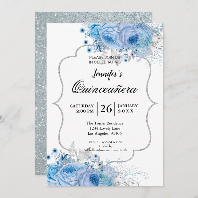 Glitter Floral Quinceanera Invitation (Front/Back)