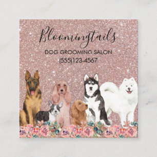  Glitter Floral Watercolor Dogs Grooming Service Square Business Card