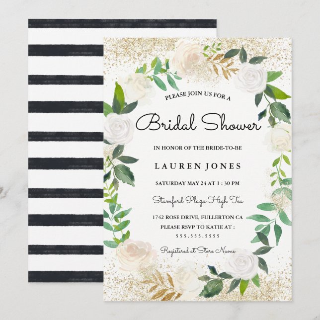 Glitter Floral Wreath Bridal Shower Invitation (Front/Back)
