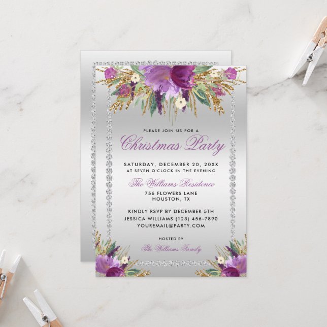 Glitter Flowers, Diamond Framed Christmas Party Invitation (Front/Back In Situ)