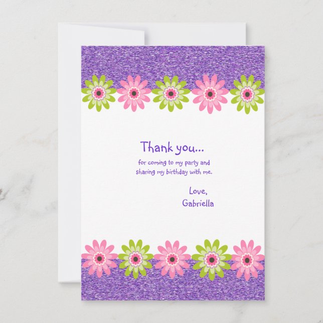 Glitter & FLowers Girls Birthday Thank you (Front)