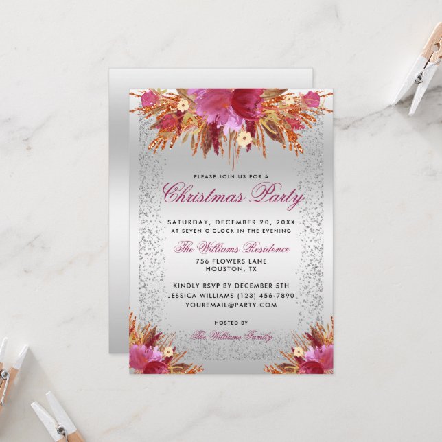 Glitter Flowers, Glitter Framed Christmas Party Invitation (Front/Back In Situ)