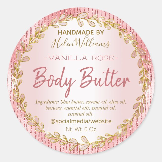 Glitter Foil Lines Rose Gold Body Butter Labels (Front)
