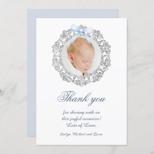 Glitter Frame Blue Bow Baptism Thank You Card