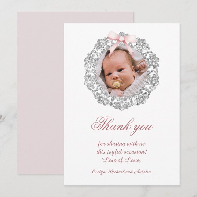 Glitter Frame Pink Bow Baptism Thank You Card (Front/Back)