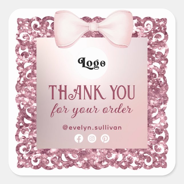 Glitter Frame Pink Bow Thank You Logo Sticker (Front)