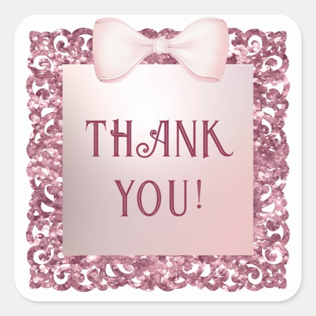 Glitter Frame Pink Bow Thank You Sticker (Front)