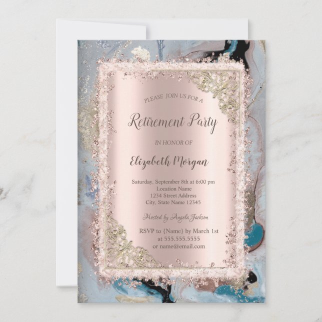 Glitter Frame,Rose Gold,Marble Retirement  Invitation (Front)