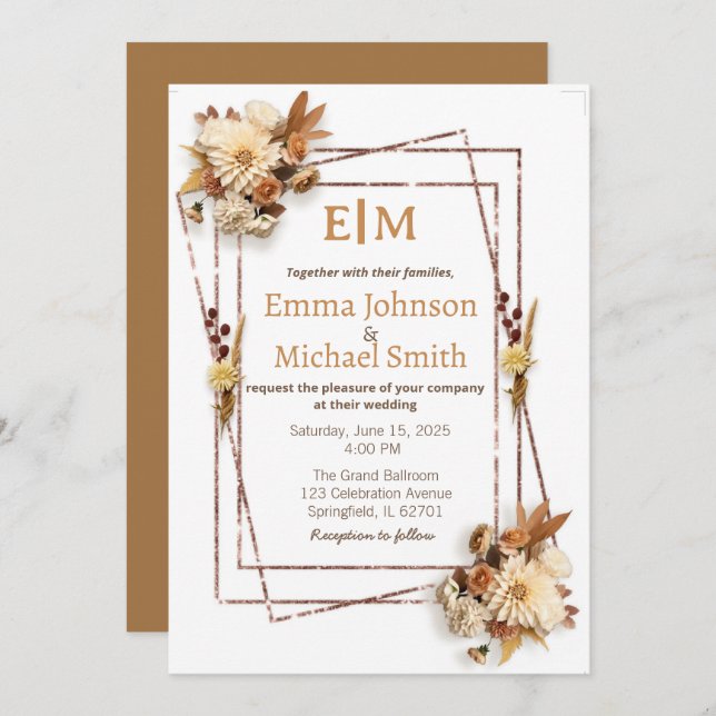 Glitter Frame with Flowers  wedding invitations (Front/Back)