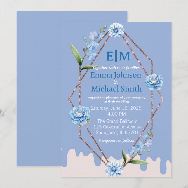Glitter Frame with Flowers  wedding invitations (Front/Back)